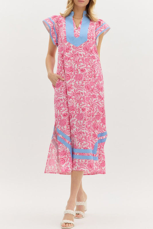 Floral Flutter Sleeve Side Slit Pocket Dress