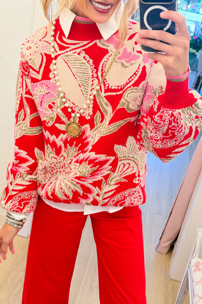 Red Floral Jacquard Mock Neck Sweater