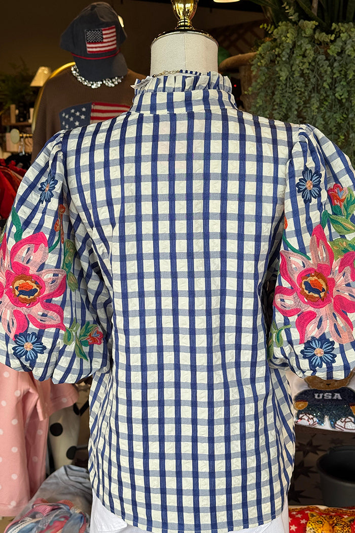 Ruffle Neck Gingham Floral Top