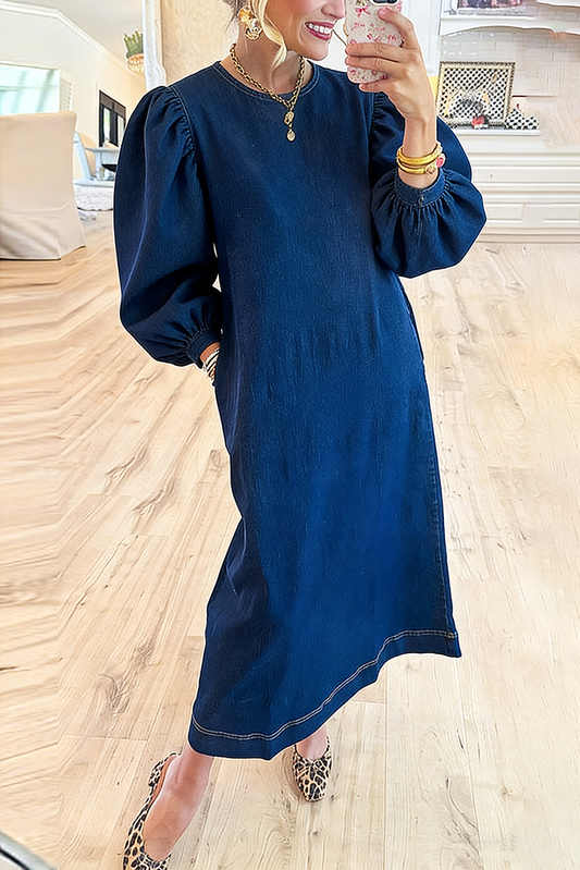 Puff Sleeve Crew Neck Denim Maxi Dress