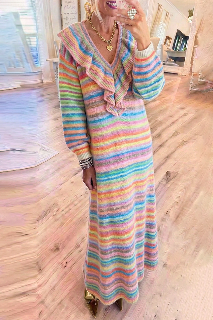 Rainbow Stripe Knit Ruffle Neck Balloon Sleeve Maxi Dress