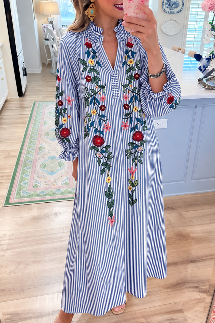 Blue Stripe Ruffle Collar Floral Embroidered Maxi Dress