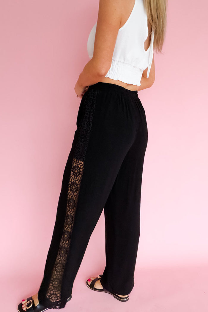 Side Lace Trim Wide Leg Pants