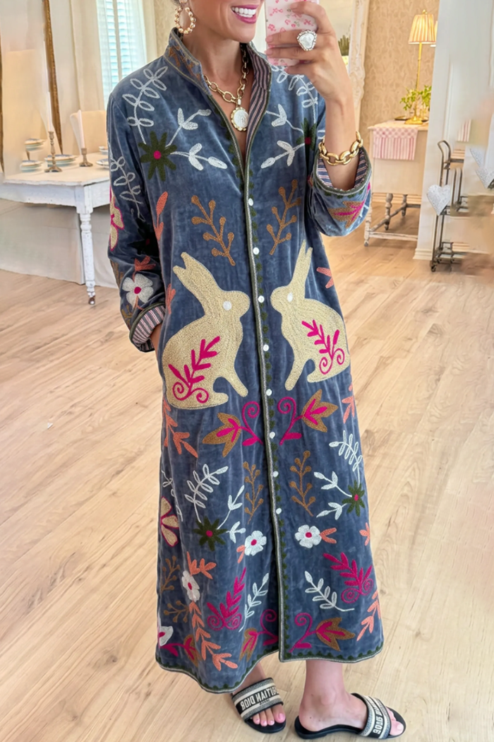 Velvet Rabbit Floral Stand Collar Pocket Maxi Dress