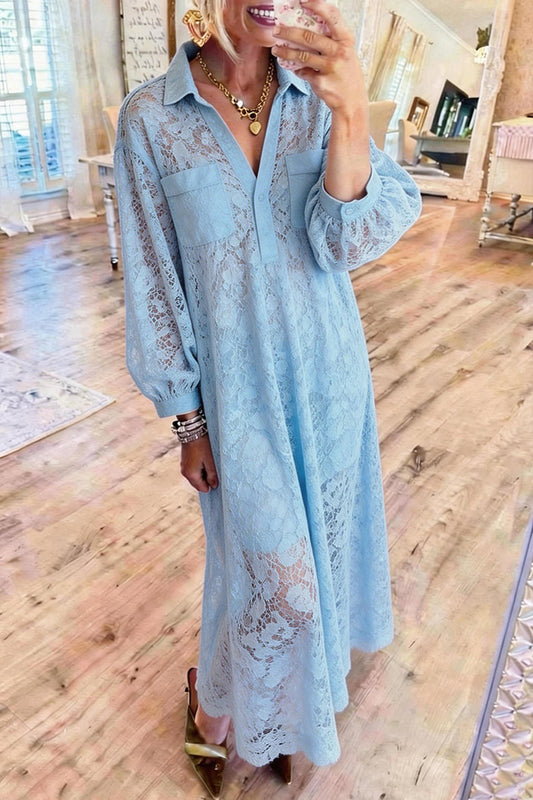 Sky Blue Lace Pocketed Maxi Dress