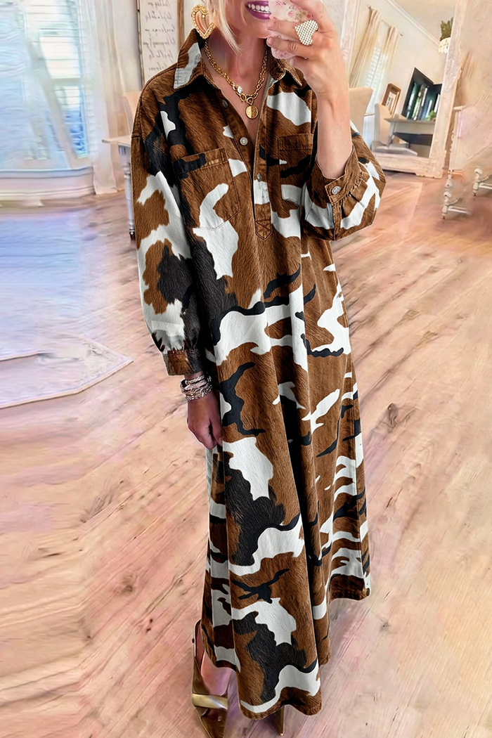 Cow Print Denim Collared Puff Sleeve Chest Pocket Maxi Dress