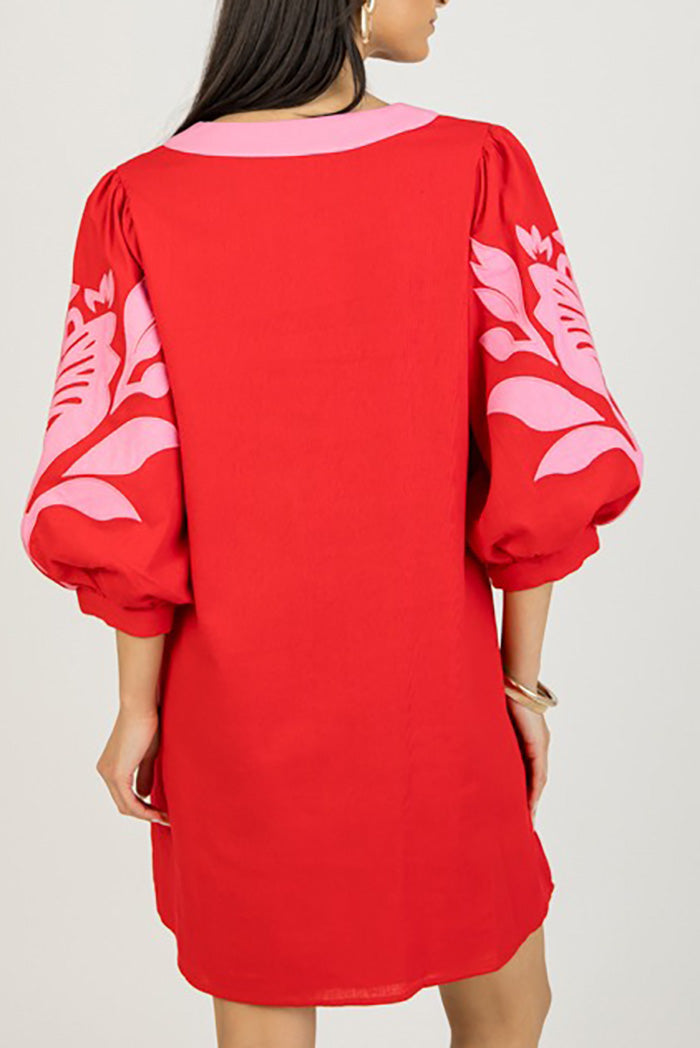 Red Pink Floral Embroidery Pocket Dress