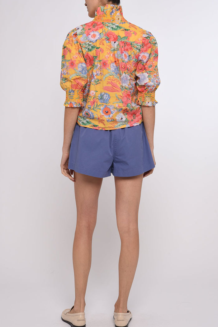 Yellow Floral Ruffle Front Puff Sleeve Top