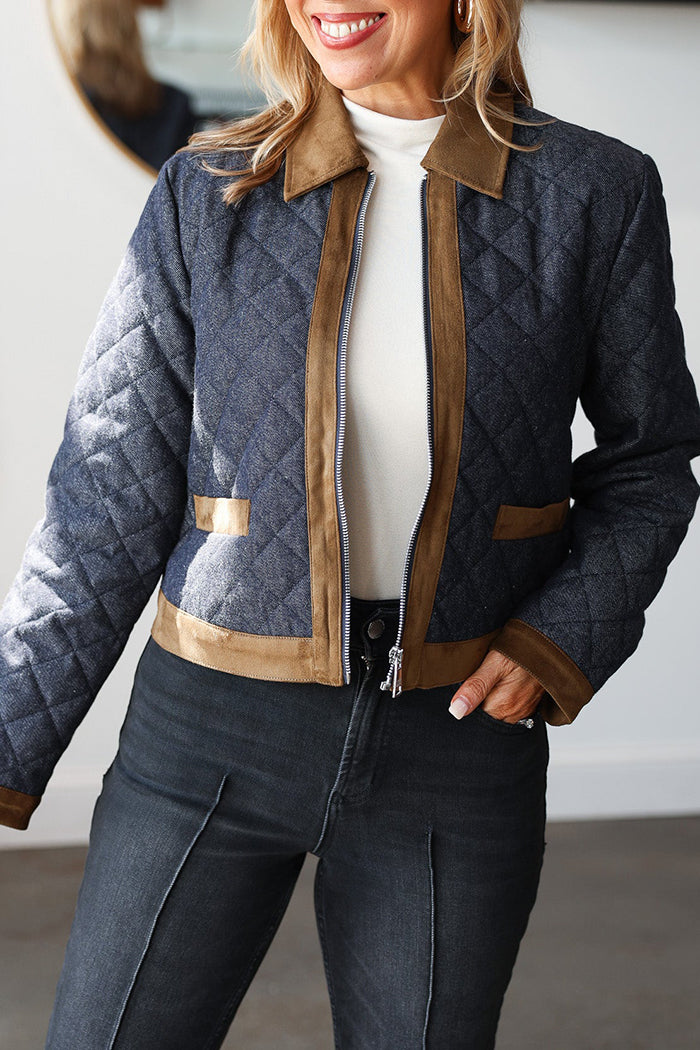 Pocketed Quilted Denim & Suede-Trimmed Jacket
