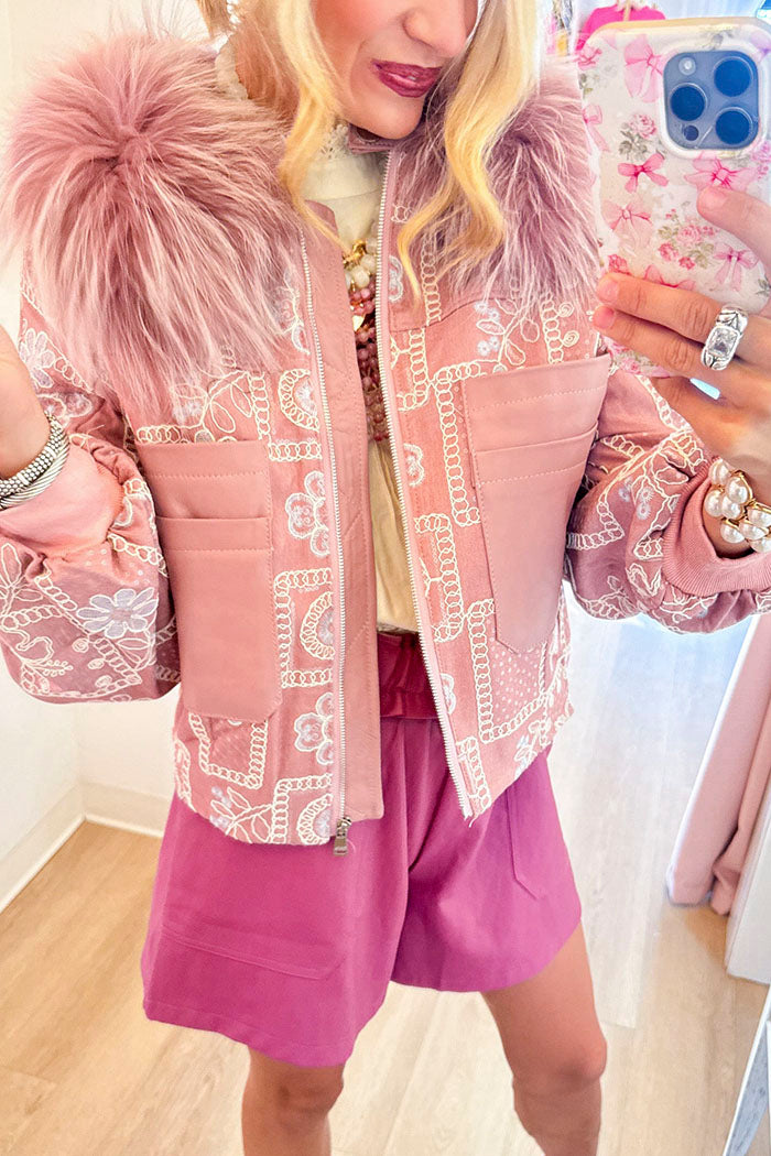 Dusty Pink Sequin Detail Fur Collar Zip Front Pocket Jacket
