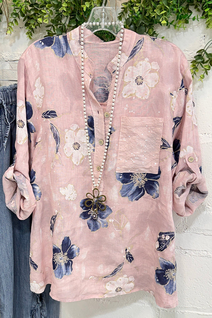 Floral Roll Tab Sleeve Sequin Pocket Top
