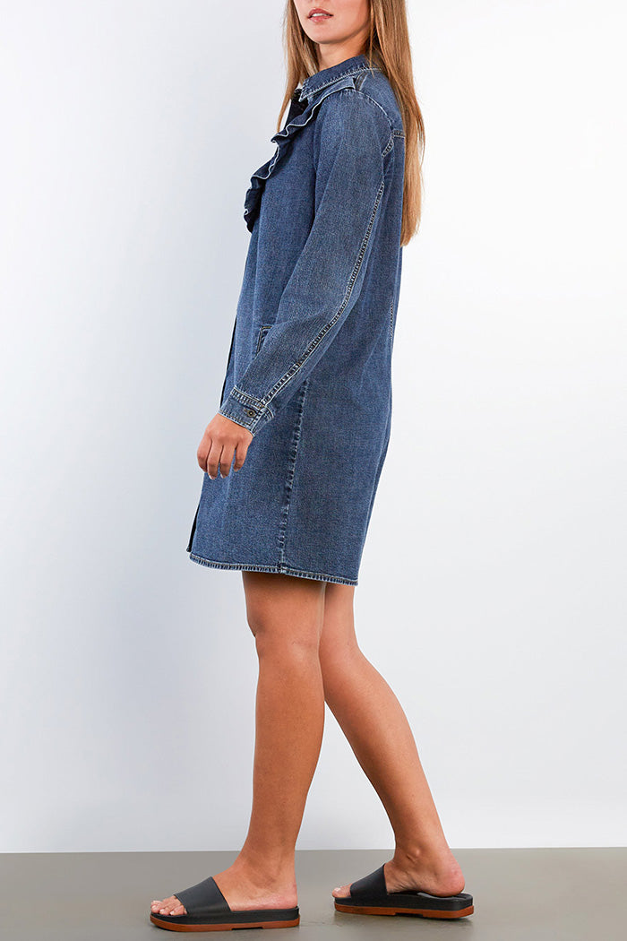 Pocketed Ruffle Trim Denim Shirt Dress