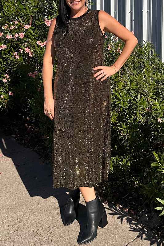 Gold Full Rhinestone Active Midi Dress
