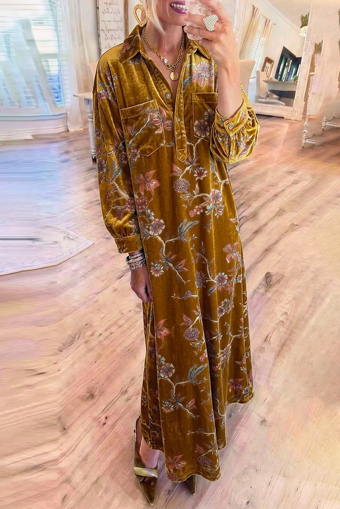 Velvet Botanical Floral Collared Chest Pocket Balloon Sleeve Maxi Dress