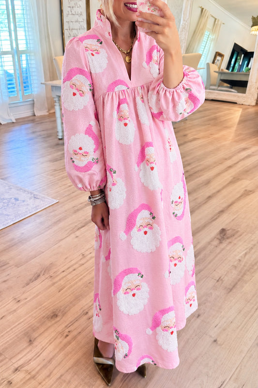 Pink Christmas Santa Bubble Sleeve Maxi Dress