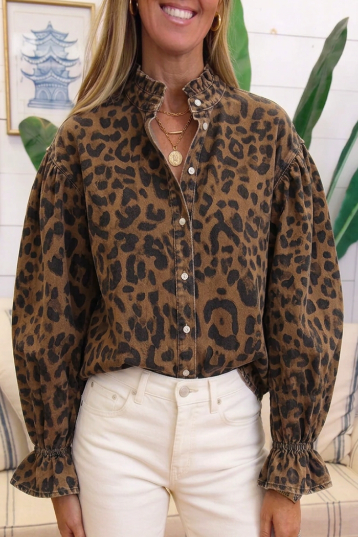 Leopard Print Denim Ruffle Collar Puff Sleeve Top