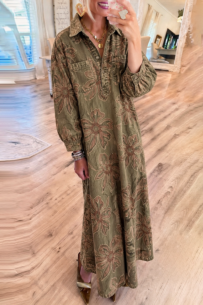 Olive Floral Denim Pocket Maxi Dress