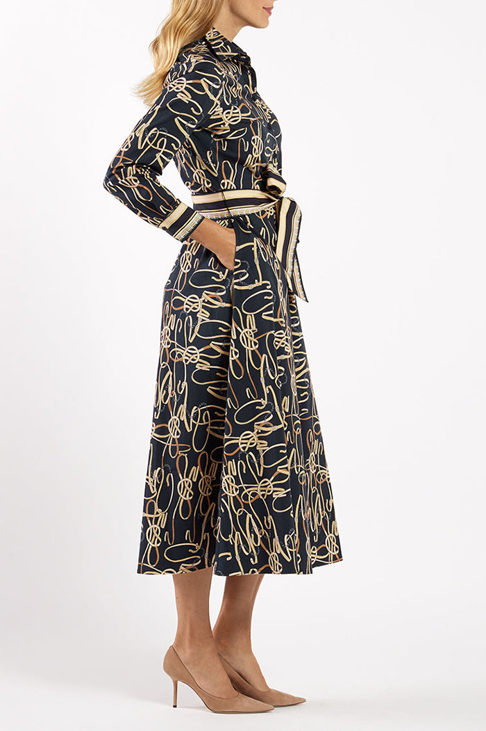 Script-Print Belted Midi Dress