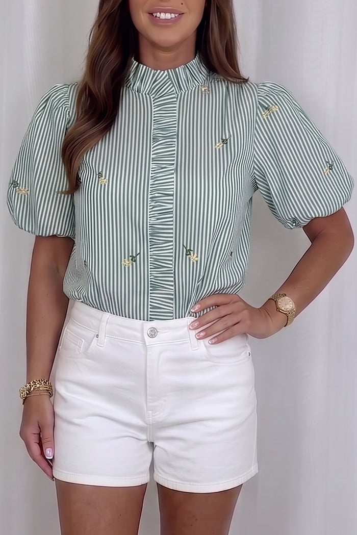 Striped Ruffle Trim Puff Sleeves Top