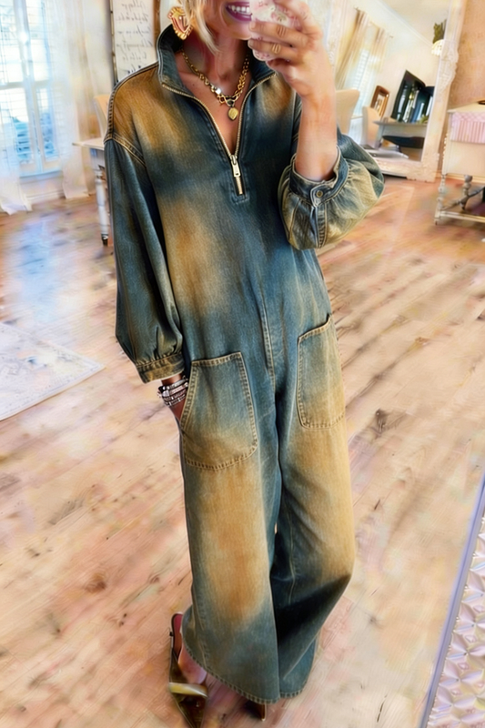 Ombre Denim Zip Neck Pocketed Jumpsuit