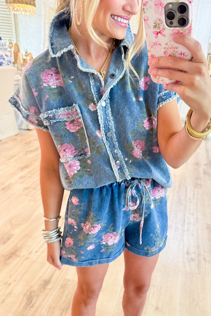 Floral Denim Frayed Shorts Set