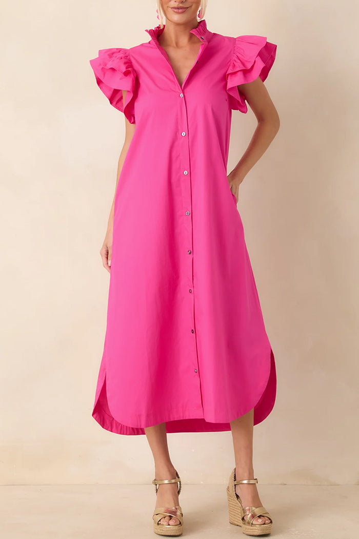 Ruffle Button-Front Pocket Midi Dress