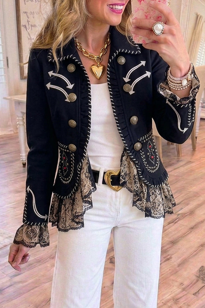 Black Embroidery Ruffle Lace Hem Long Sleeve Jacket