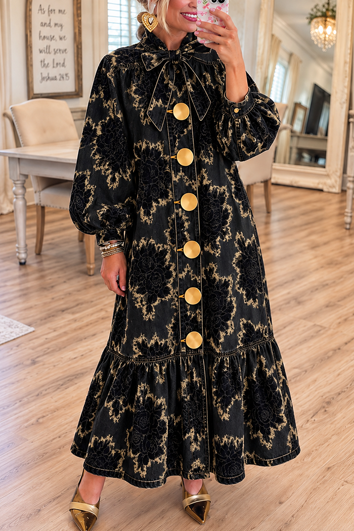 Dark Floral Bow Neck Big Button Ruffle Maxi Dress