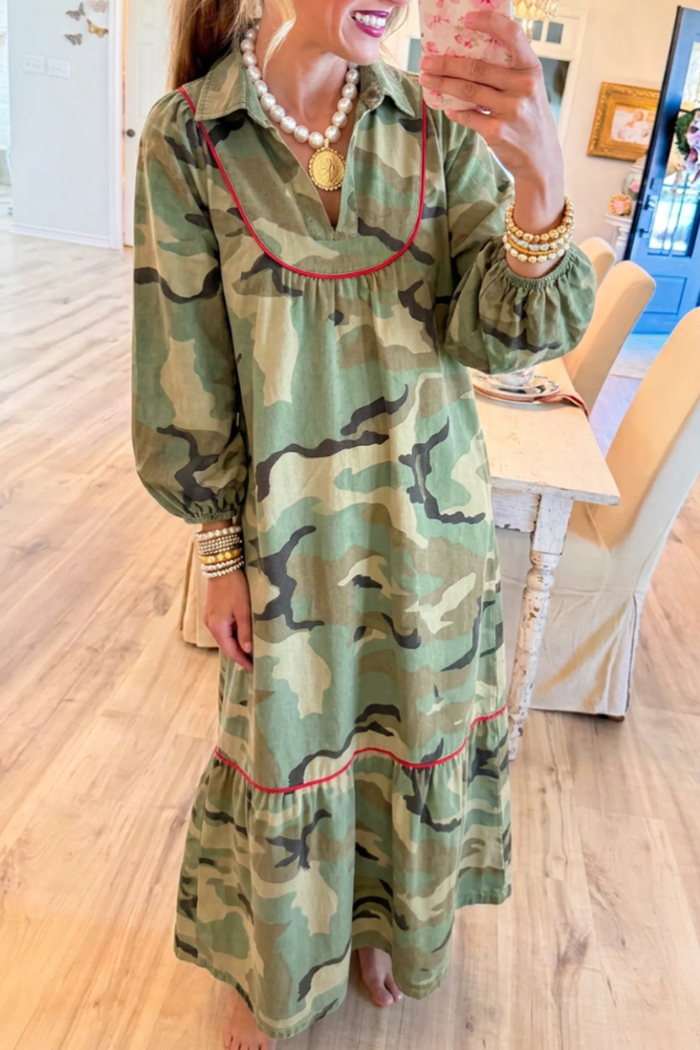 Collared Red Piping Tier Ruffle Camo Maxi Dress
