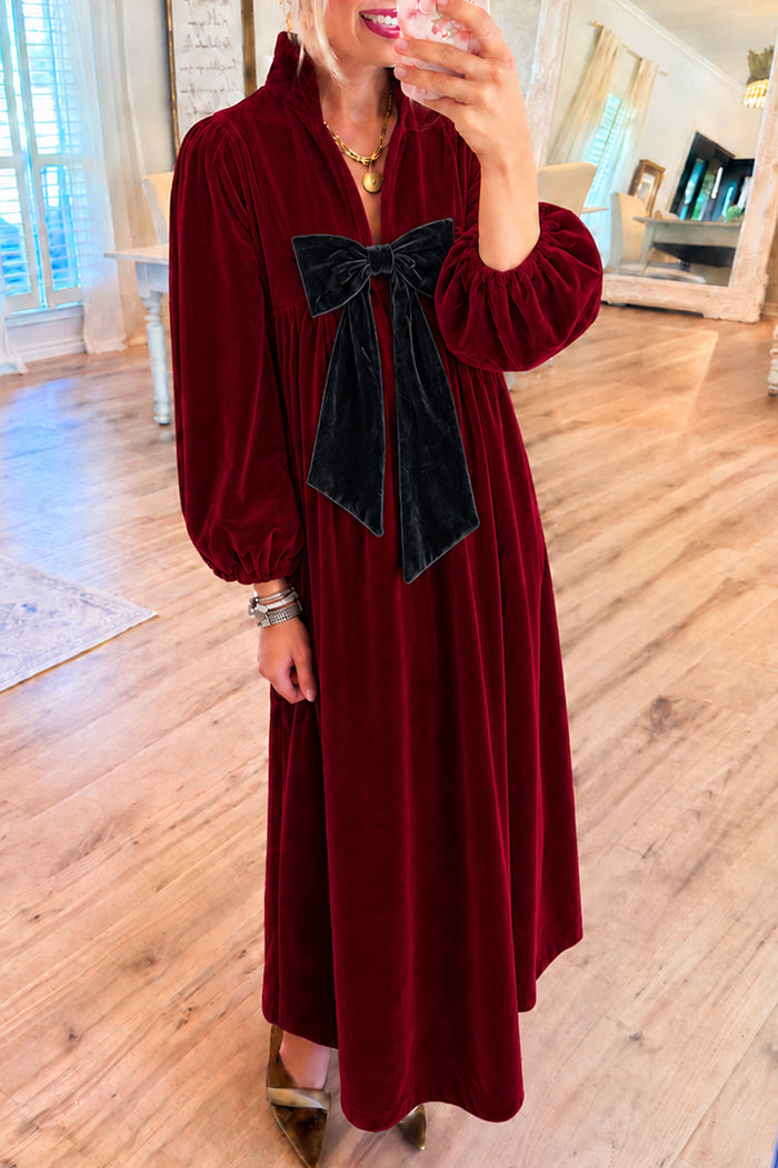 Velvet Bow Ruffle Collar Maxi Dress