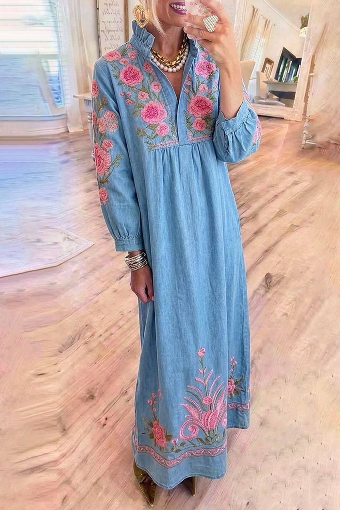Light Blue Denim Ruffle Collar Embroidered Dress