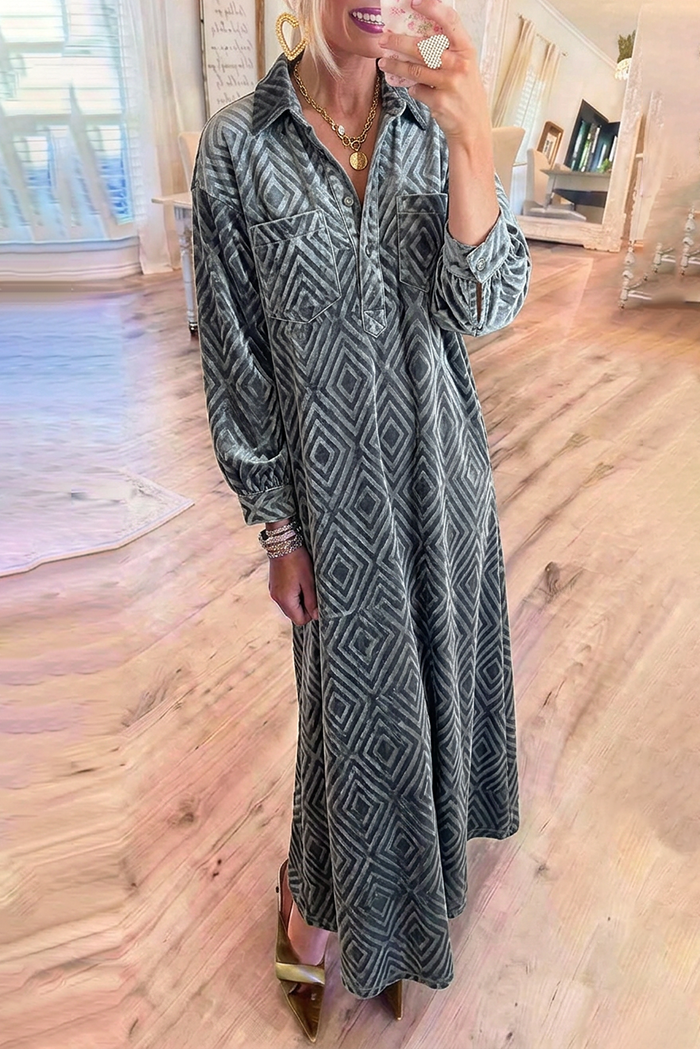 Velvet Jacquard Long Sleeves Chest Pockets Maxi Dress