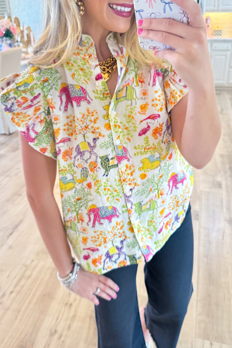Casual Pleated Sleeve Floral Top