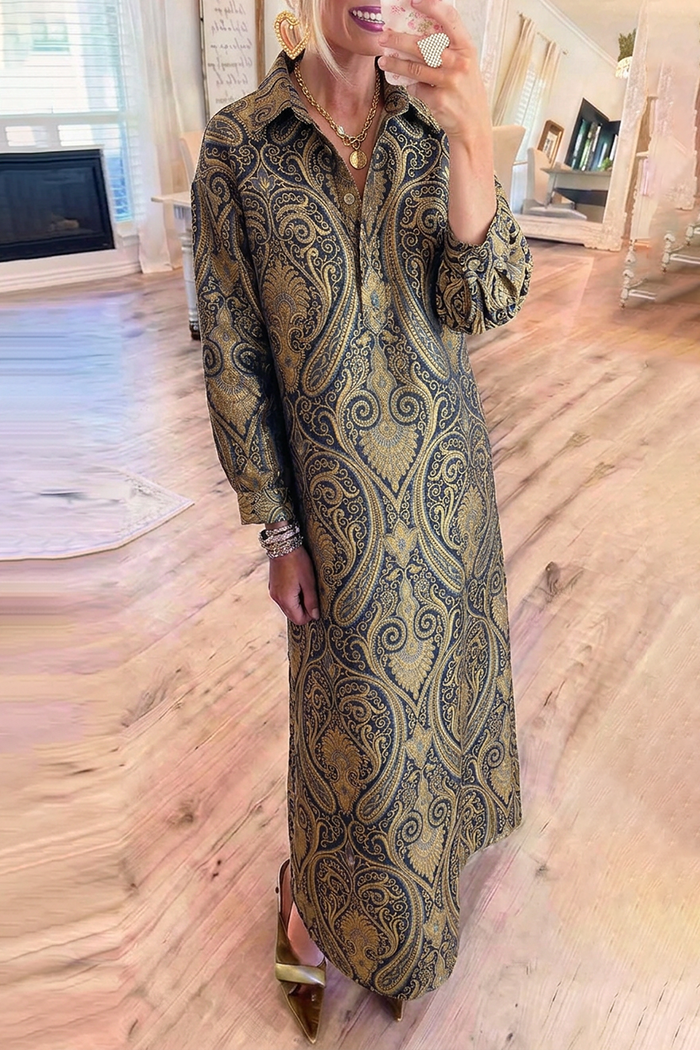 Paisley Jacquard Collar Half‑Button Pockets Maxi Dress