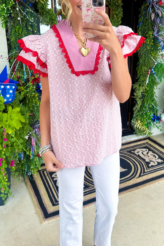 Embroidered Flutter Sleeve Top