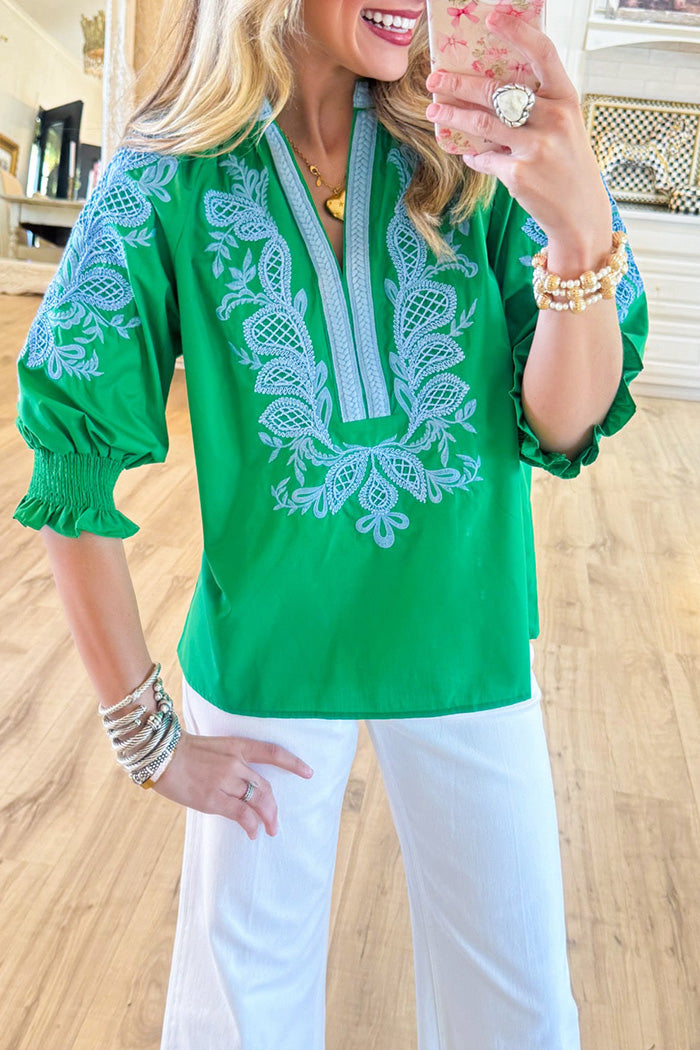 Contrast Embroidered 3/4 Sleeve Top