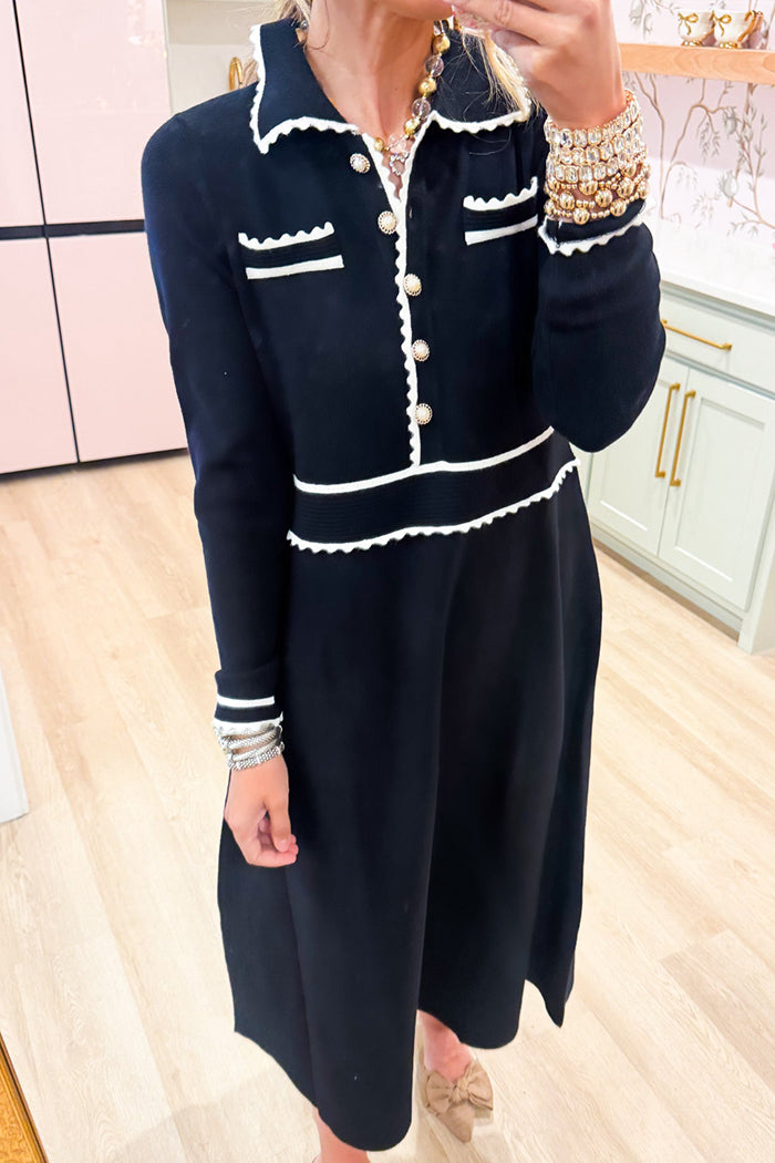 Black Long Sleeve Collared Knit Dress