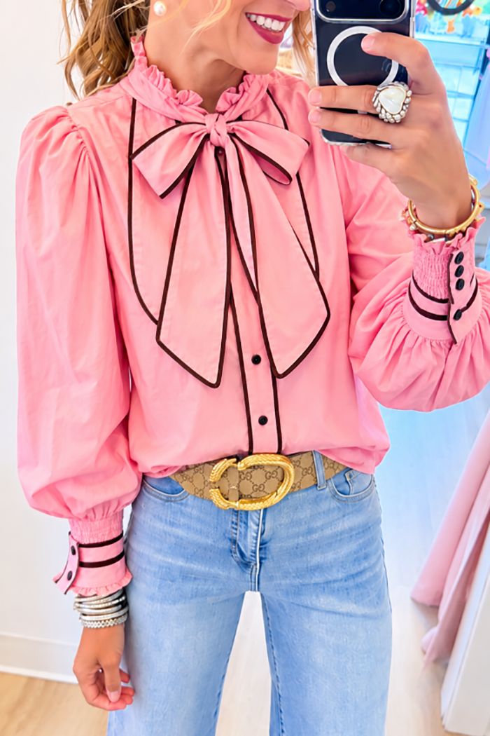 Bow Tie Contrast Trim Puff Sleeve Top