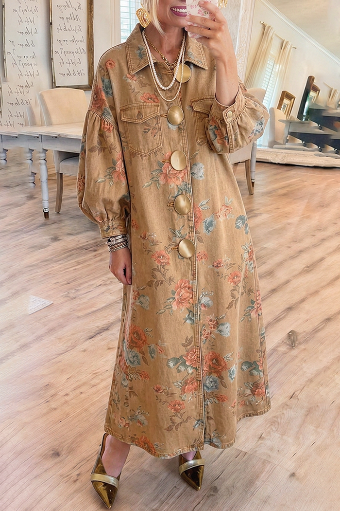 Denim Floral Collar Balloon Sleeves Big Gold Buttons Pockets Maxi Dress