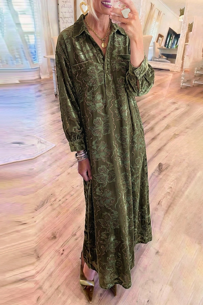 Velvet Floral Collared Chest Pocket Long Sleeve Maxi Dress