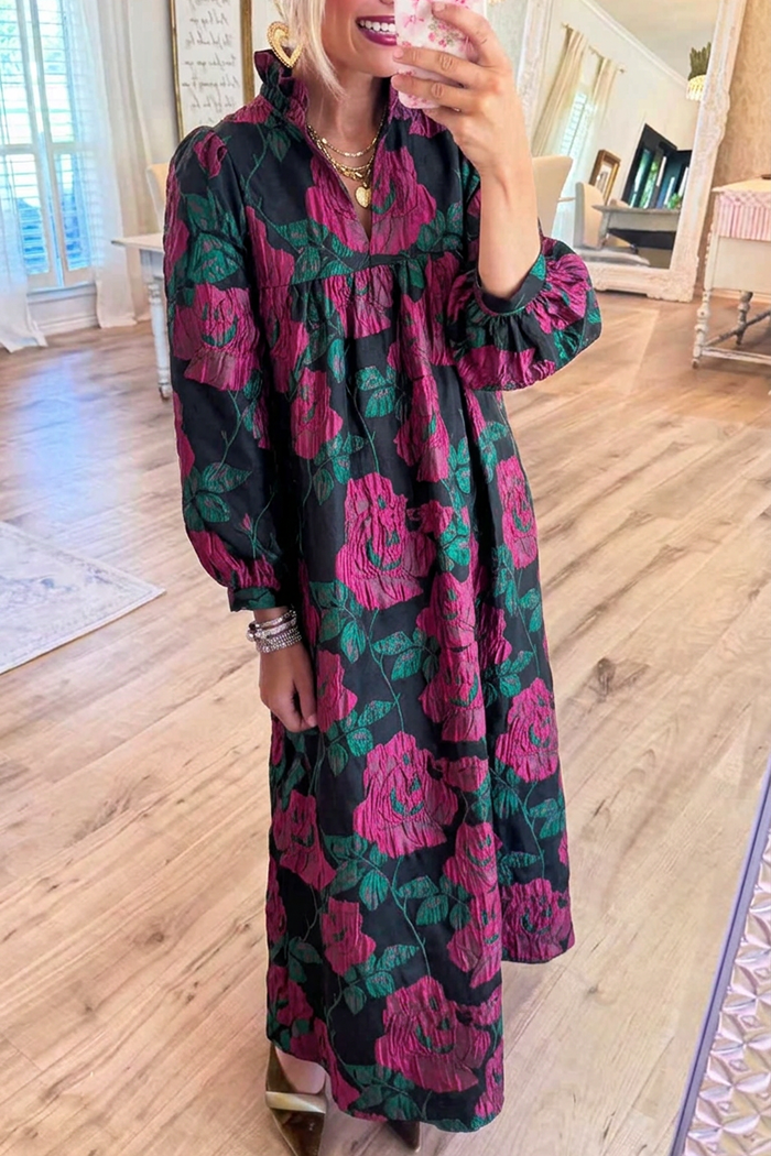 Ruffle Stand Neck Balloon Long Sleeves Rose Jacquard Maxi Dress