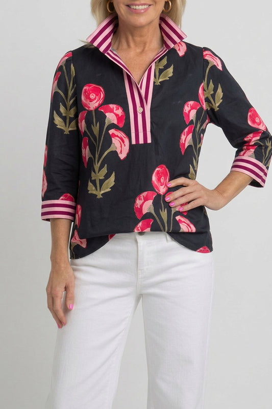 Striped Trim Collar Floral Top