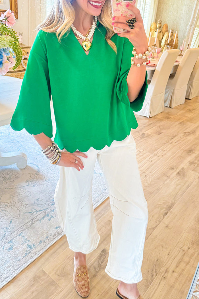 Flare Sleeve Scalloped Top