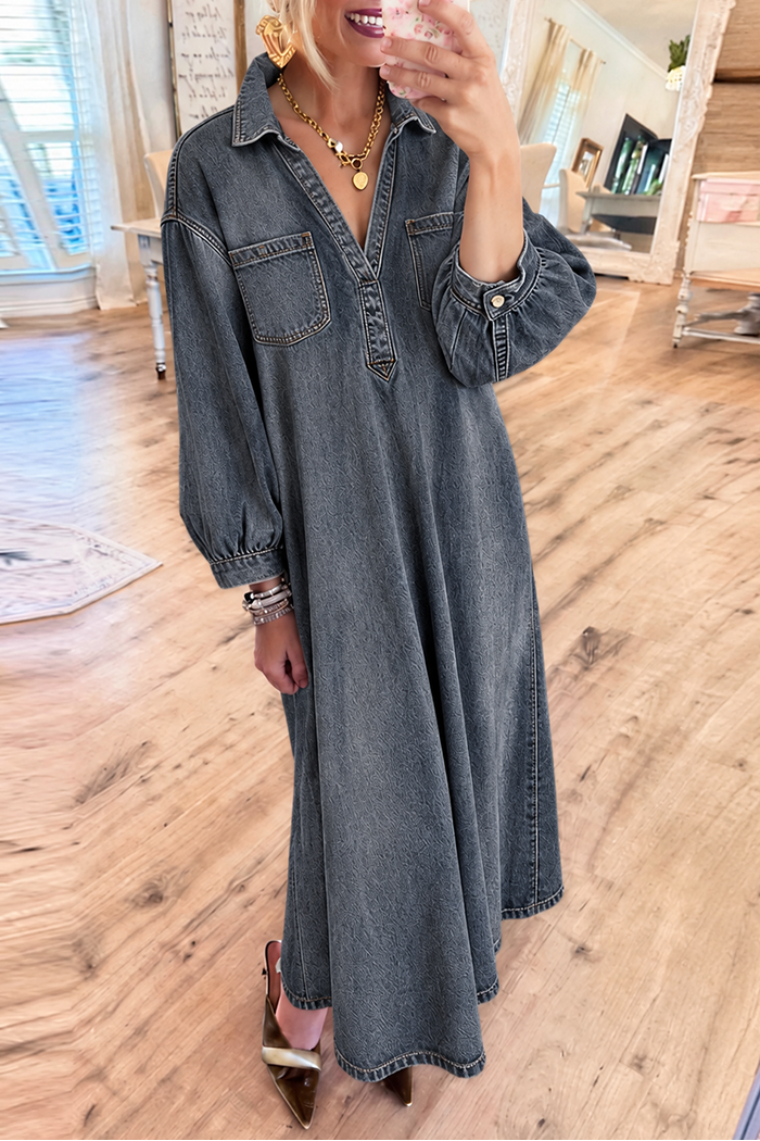 Long Sleeve Washed Denim Pockets Maxi Dress