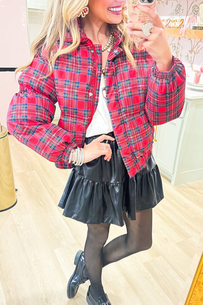 Pocketed Red Plaid Puffer Jacket