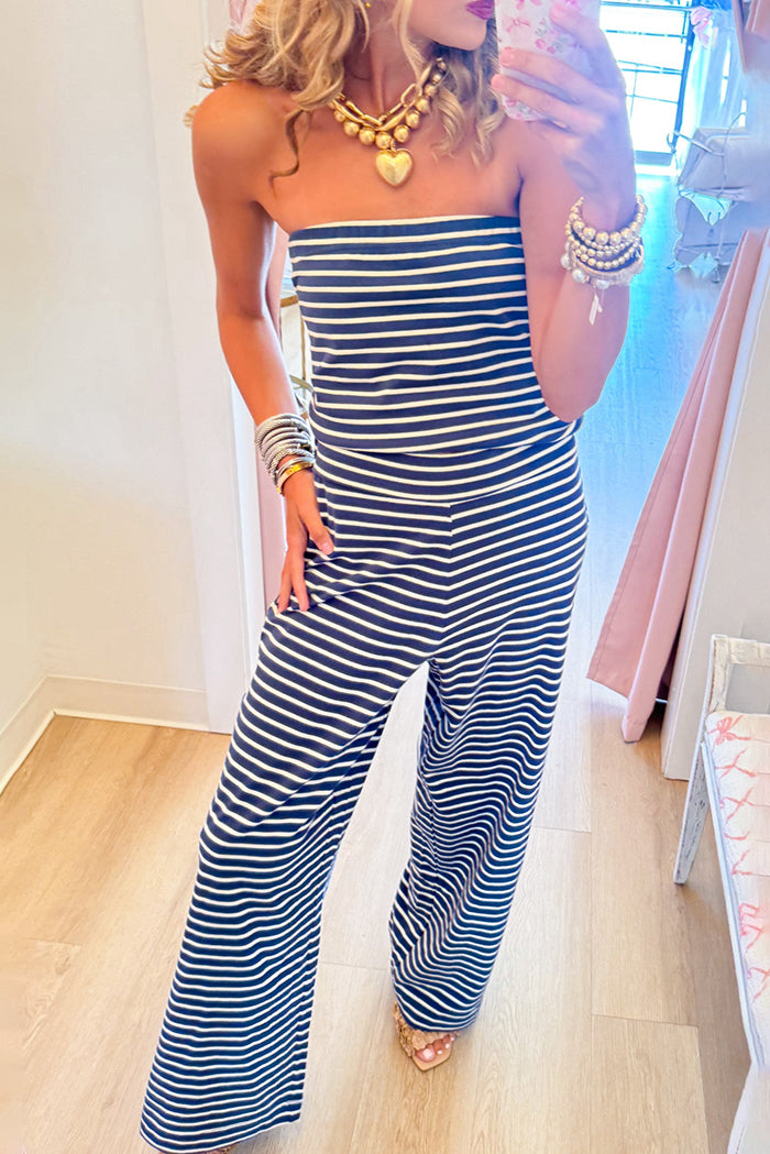 Sleeveless Denim and Cream Stripe Tube Top Pant Set