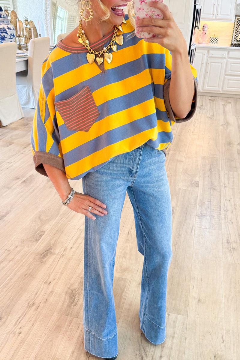 Mustard and Blue Stripe Colorblock Top