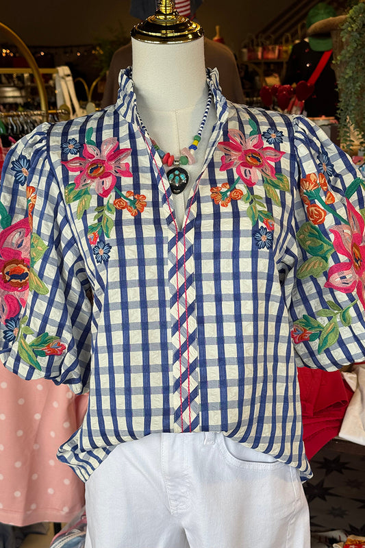 Ruffle Neck Gingham Floral Top
