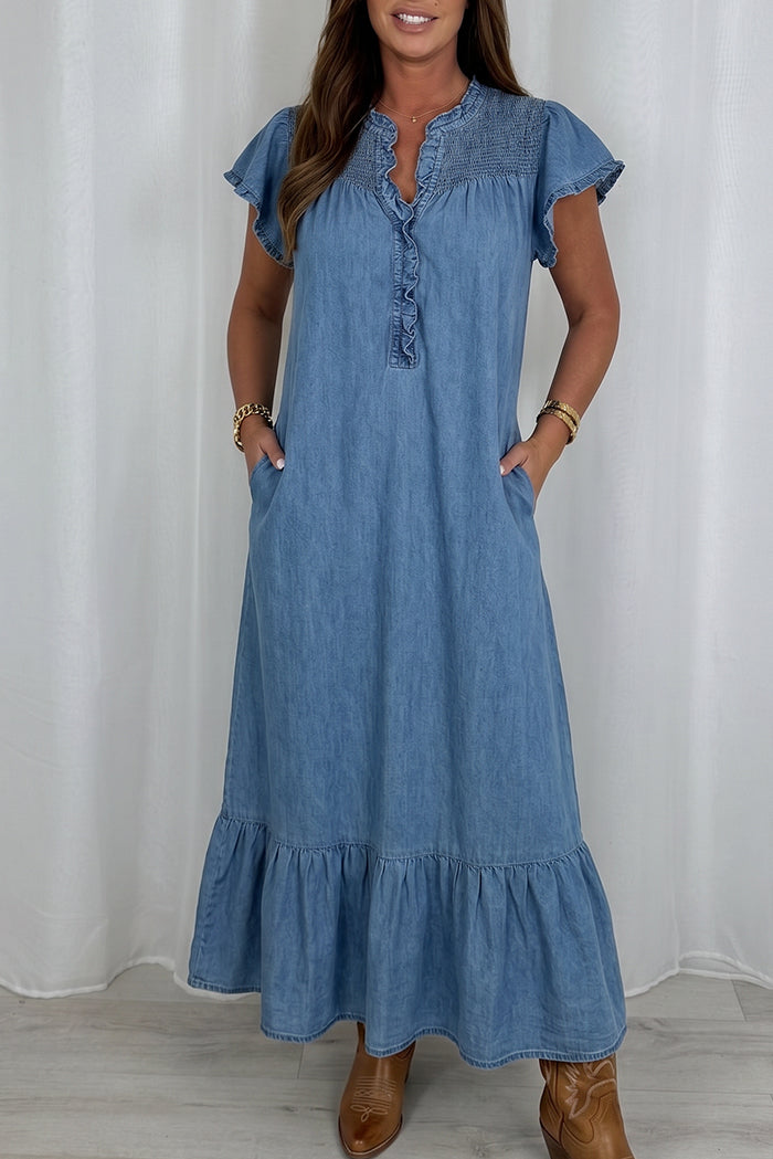 Ruffle Neck Denim Pocket Maxi Dress