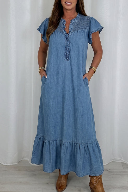 Ruffle Neck Denim Pocket Maxi Dress